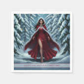 Christmas Elf in Red in Snowy Winter Forest Serviette (Vorderseite)