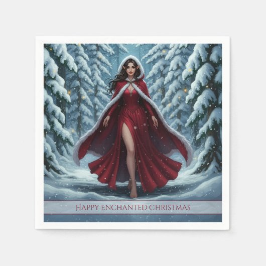 Christmas Elf in Red in Snowy Winter Forest Serviette (Vorderseite)