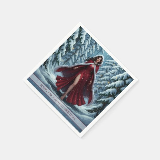 Christmas Elf in Red in Snowy Winter Forest Serviette (Ecke)