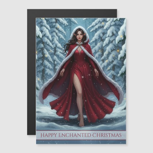 Christmas Elf in Red in Winter Forest Magnet Card (Vorne/Hinten)