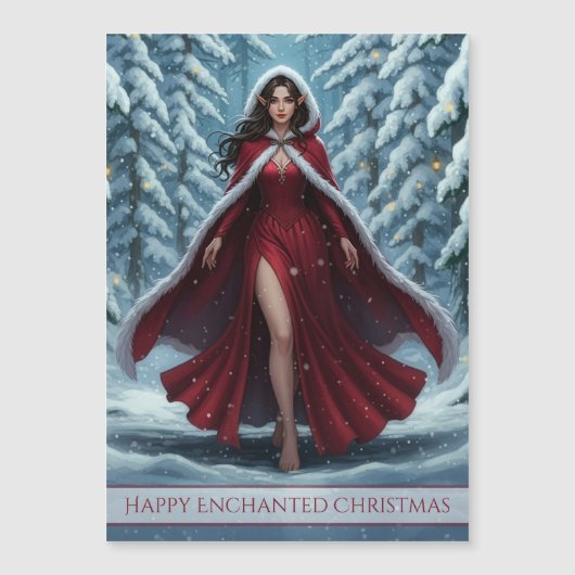 Christmas Elf in Red in Winter Forest Magnet Card (Vorderseite)