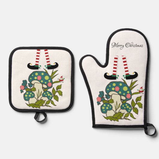 Christmas Elf Oven Mitt & Pot Holders Ofenhandschuh & Topflappen-Set (Vorderseite)
