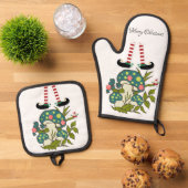 Christmas Elf Oven Mitt & Pot Holders Ofenhandschuh & Topflappen-Set (Oben Unten)