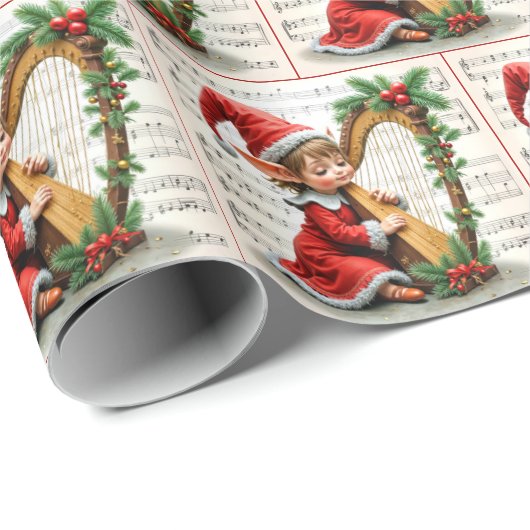 Christmas Elf Playing a Harp Geschenkpapier (Rolleneckpunkt)