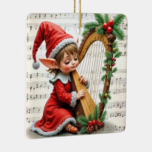 Christmas Elf Playing a Harp Keramikornament (Rechts)