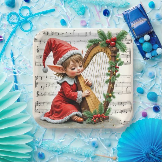 Christmas Elf Playing a Harp Pappteller (Party)