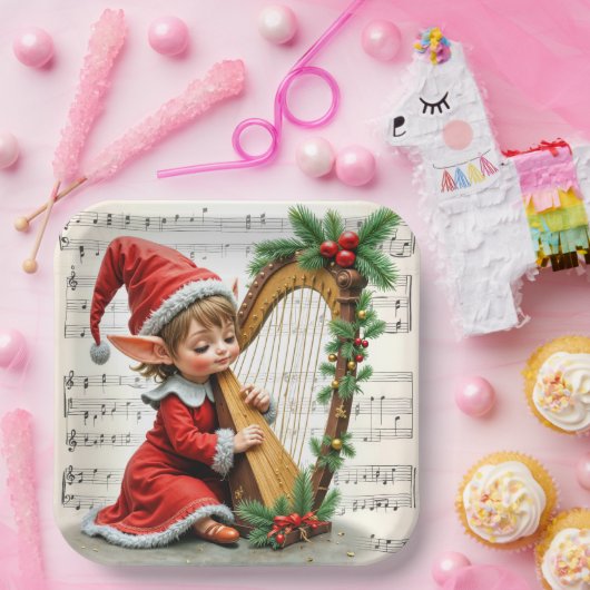 Christmas Elf Playing a Harp Pappteller (Party)