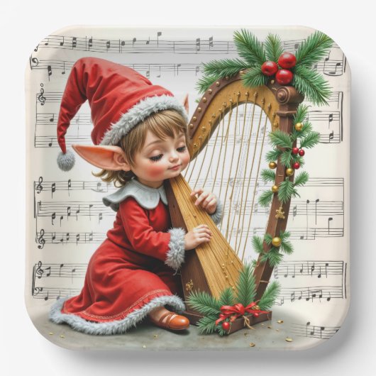 Christmas Elf Playing a Harp Pappteller (Vorderseite)