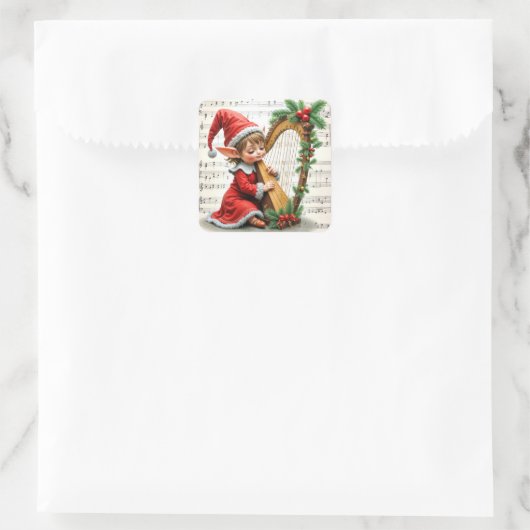 Christmas Elf Playing a Harp Quadratischer Aufkleber (Tasche)