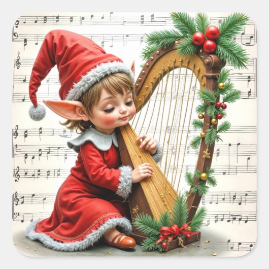 Christmas Elf Playing a Harp Quadratischer Aufkleber (Vorderseite)