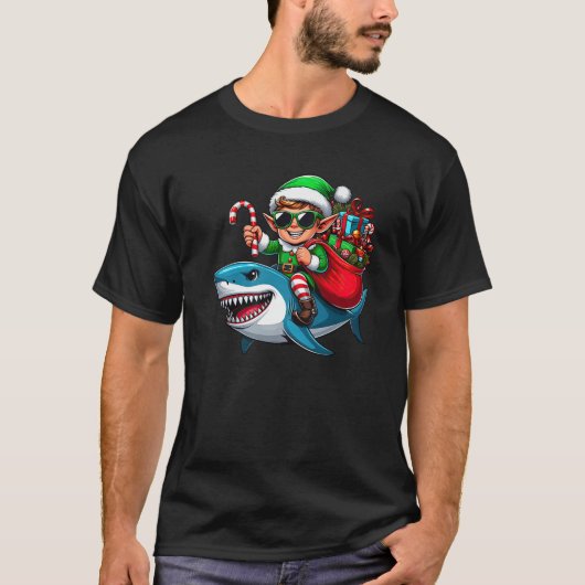 Christmas Elf Riding Shark Santa Hat Candy Cane Xm T-Shirt (Vorderseite)