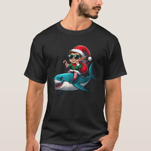 Christmas Elf Riding Shark Sunglasses Santa Hat Ca T-Shirt (Vorderseite)