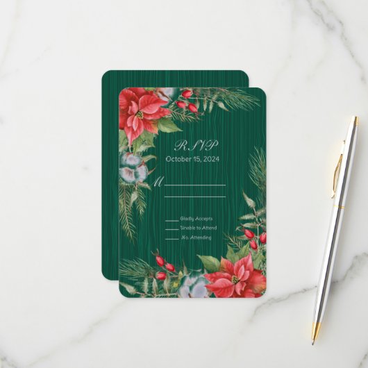Christmas Emerald Green Poinsettia RSVP Karte (Vorderseite/Rückseite Beispiel)