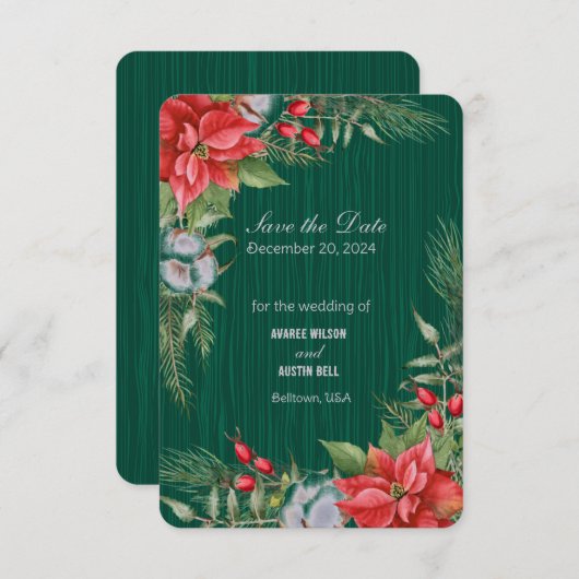 Christmas Emerald Green Poinsettia Save The Date (Vorne/Hinten)