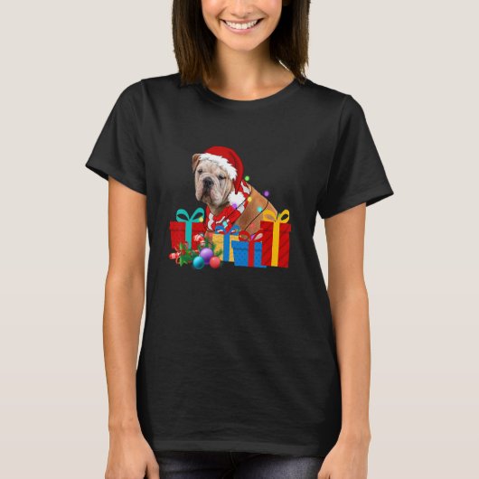 Christmas English Bulldog Dog Xmas Lights Santa Ha T-Shirt (Vorderseite)