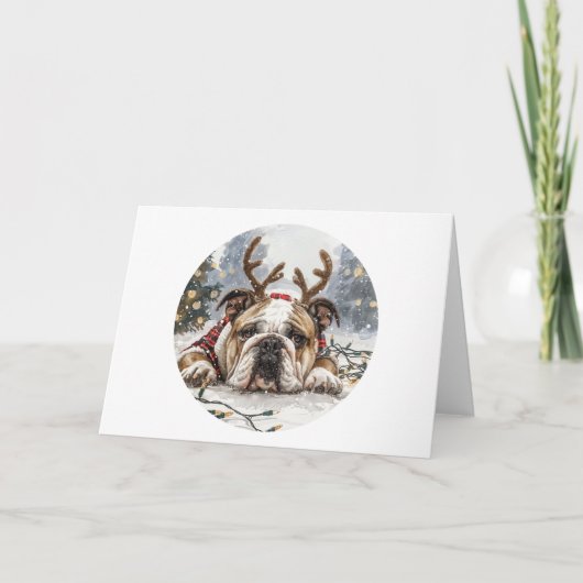 Christmas English Bulldog Reindeer Feiertagskarte (Vorderseite)