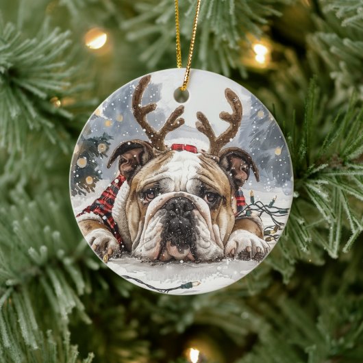 Christmas English Bulldog Reindeer Keramik Ornament (Baum)
