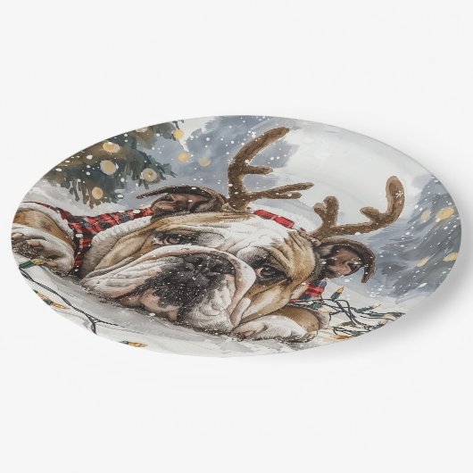 Christmas English Bulldog Reindeer Pappteller (Schrägansicht)