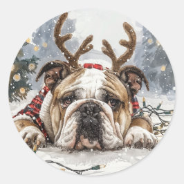 Christmas English Bulldog Reindeer Runder Aufkleber