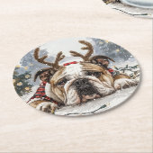 Christmas English Bulldog Reindeer Runder Pappuntersetzer (Angewinkelt)