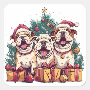 Christmas English Bulldog Weihnachtsmannmützen Quadratischer Aufkleber