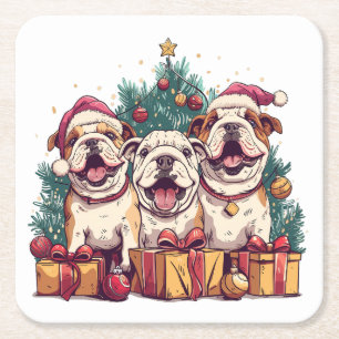 Christmas English Bulldog Weihnachtsmannmützen Rechteckiger Pappuntersetzer