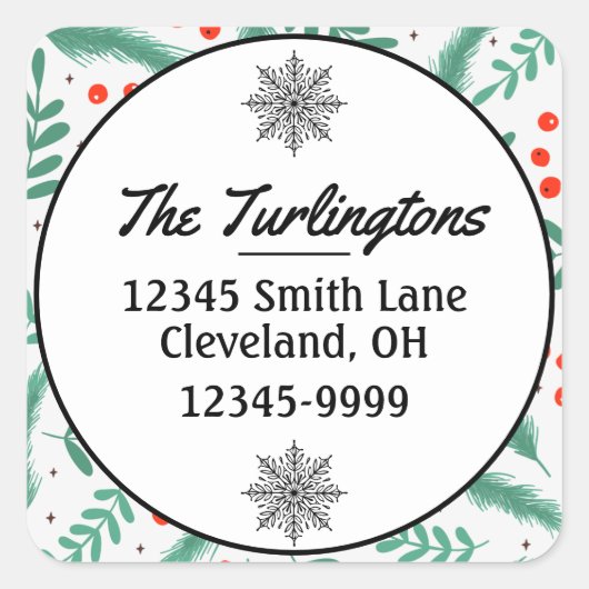 Christmas Evergreen Boughs Holly Rücksendeadresse Quadratischer Aufkleber (Vorderseite)