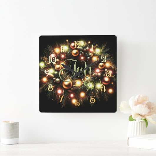 Christmas Evergreen Lighted Wreath Joy Quadratische Wanduhr (Zuhause)