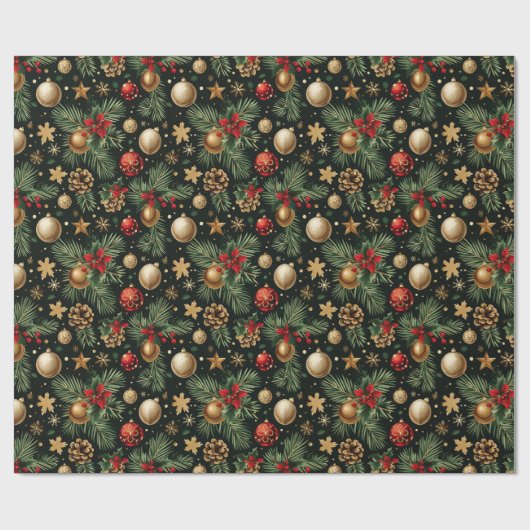 Christmas Evergreen Tree Ornaments Red Gold Geschenkpapier (Flach)