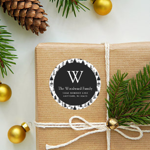 Christmas Evergreen Trees Black and White Address Runder Aufkleber