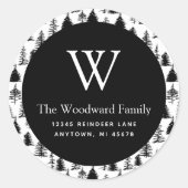 Christmas Evergreen Trees Black and White Address Runder Aufkleber (Vorderseite)