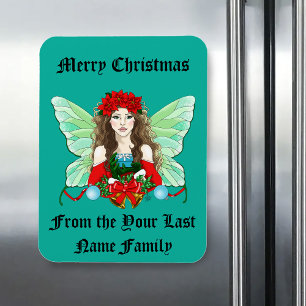 Christmas Fairy Brünett Red Green Poinsettias Magnet