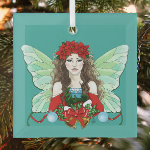Christmas Fairy Brünett Red Green Poinsettias Ornament Aus Glas