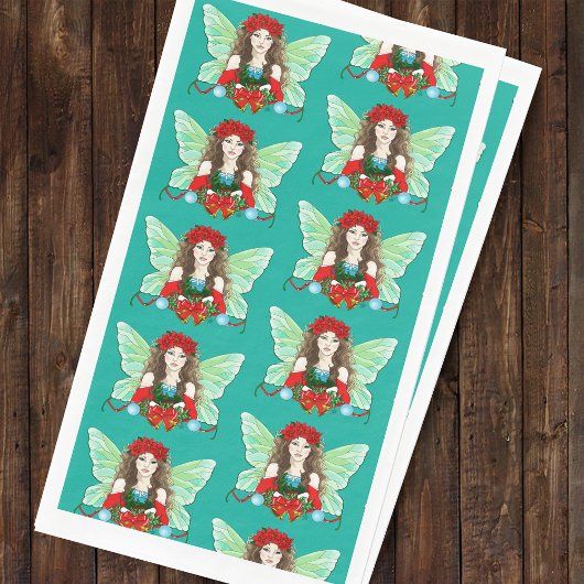 Christmas Fairy Brünett Red Green Poinsettias Serviette