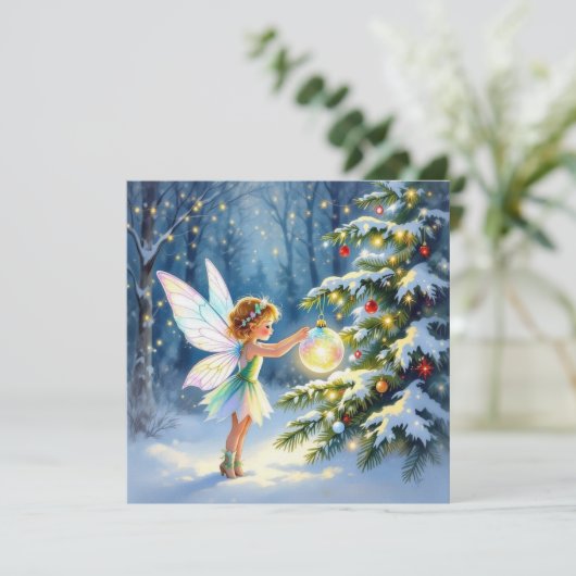 Christmas Fairy Decorating a Christmas Tree Karte (Stehend Vorderseite)