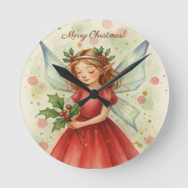 Christmas Fairy Watercolor Art Holiday Runde Wanduhr