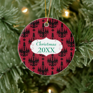 Christmas Family Foto Red Chandelier #4 Damask Keramikornament