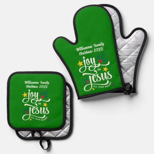 Christmas Family JOY IN JESUS Custom Christian Ofenhandschuh & Topflappen-Set (Vorderseite/Rückseite)