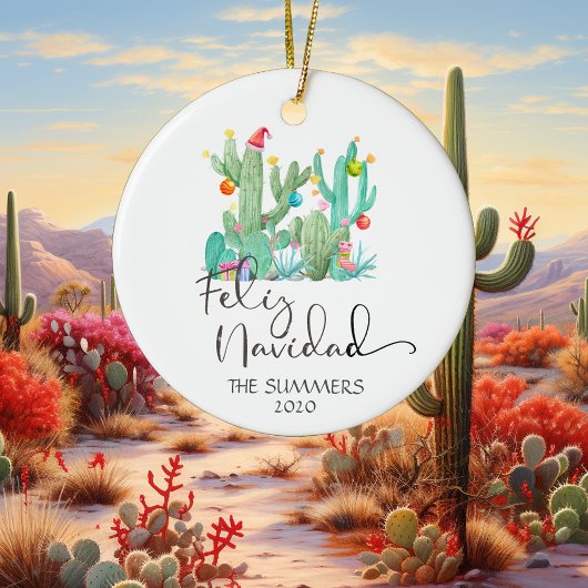 Christmas Feliz Navidad Cactus Watercolor Custom Keramik Ornament