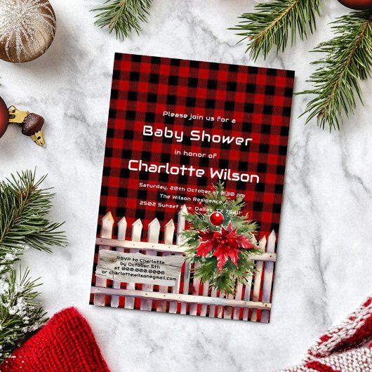 Christmas Fence Buffalo Plaid Baby Shower Einladung