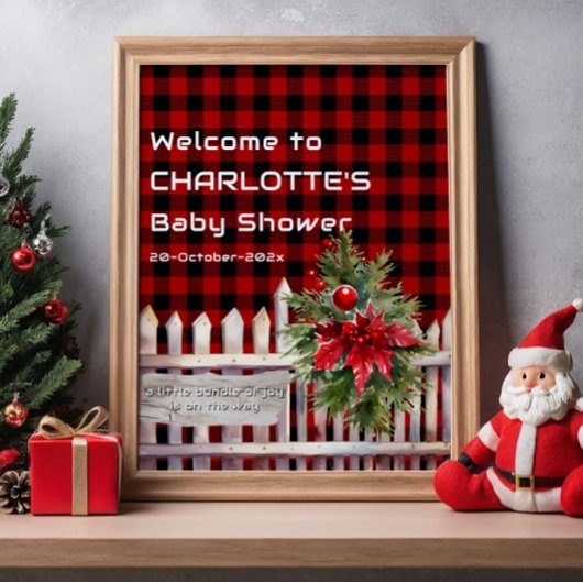 Christmas Fence Buffalo Plaid Baby Shower Welcome Poster