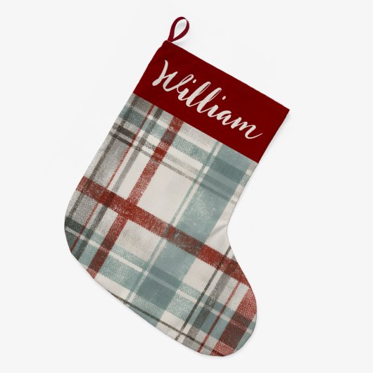 Christmas Festive Plaid Holiday Stocking Großer Weihnachtsstrumpf (Vorderansicht (hängend))