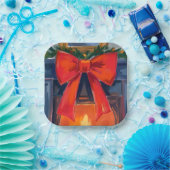 Christmas Fireplace | Red Bow Merry Watercolor  Pappteller (Party)
