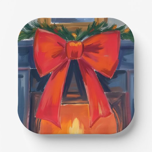 Christmas Fireplace | Red Bow Merry Watercolor  Pappteller (Vorderseite)