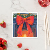 Christmas Fireplace | Red Bow Merry Watercolor  Serviette (Beispiel)