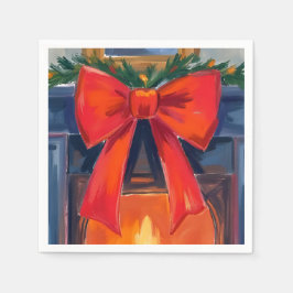 Christmas Fireplace | Red Bow Merry Watercolor  Serviette