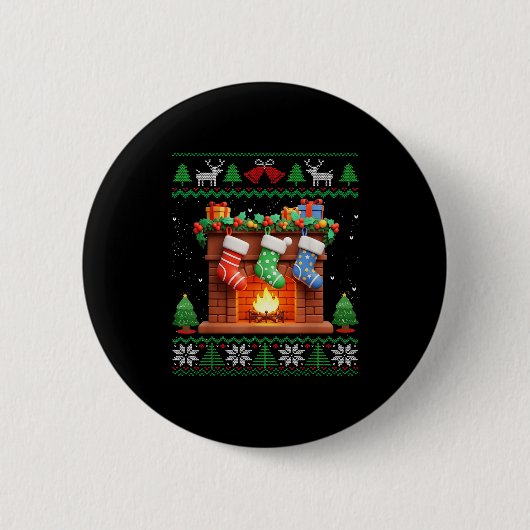 Christmas Fireplace Stockings Funny Ugly Christmas Button (Vorderseite)