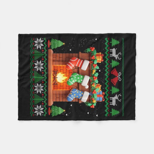 Christmas Fireplace Stockings Funny Ugly Christmas Fleecedecke (Vorderseite (Horizontal))