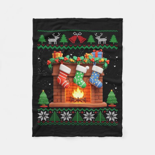Christmas Fireplace Stockings Funny Ugly Christmas Fleecedecke (Vorderseite)