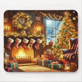 Christmas fireplace & tree in a winter wonderland mousepad